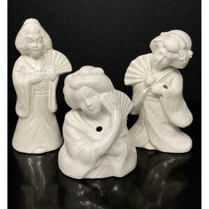 Lot Of 3 Benihana White Ceramic Tiki Mugs Geisha Women With Fans Japan